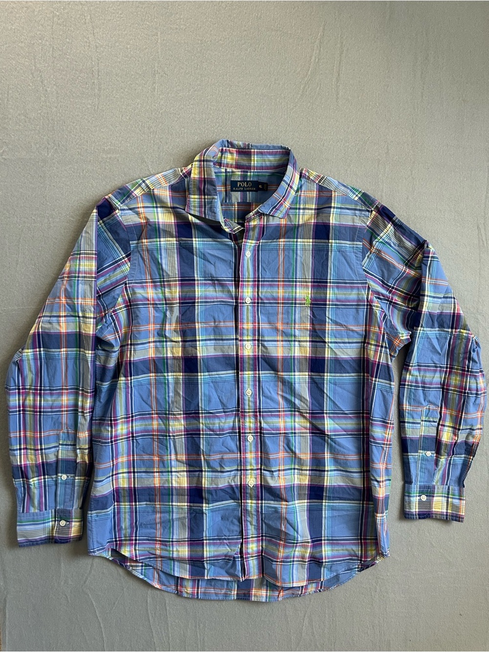 Vintage 90s Polo Ralph Lauren Mens XL Plaid  Button Down Shirt Loud Neon Pony